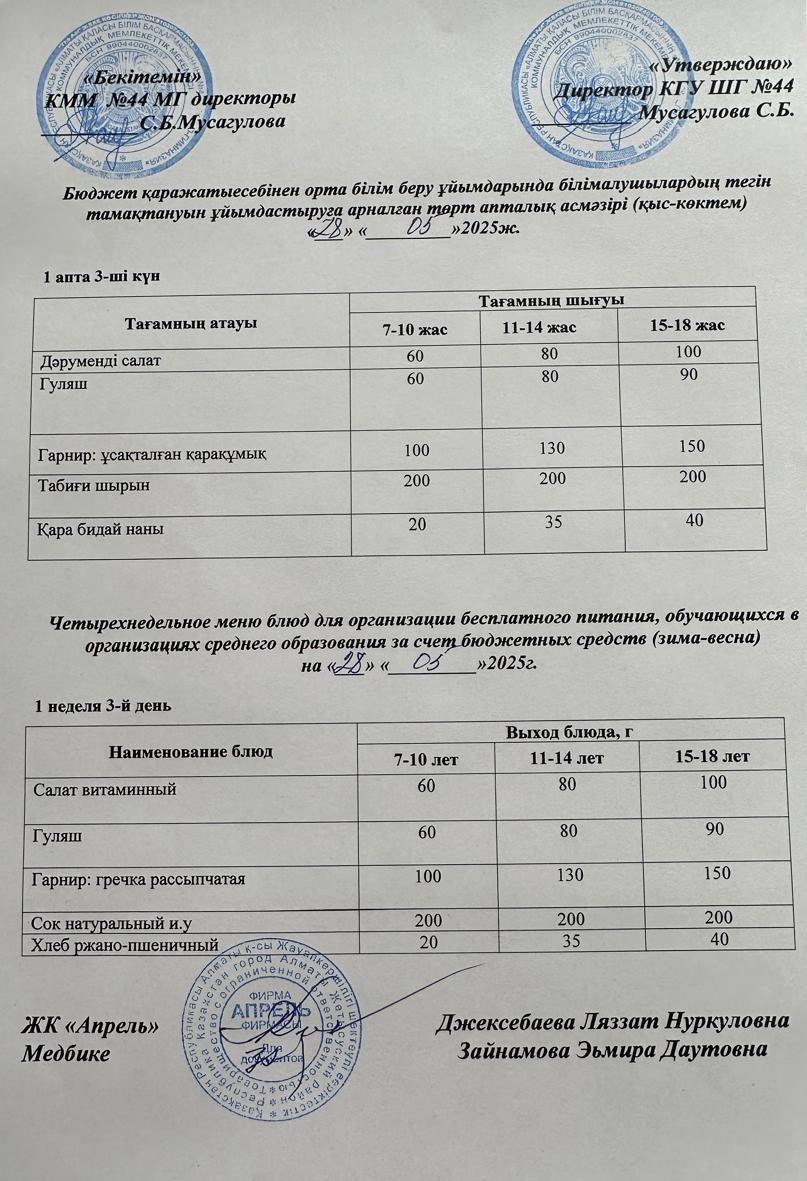 Меню бесплатного горячего питания пришкольного лагеря 2024-2025 учебный год