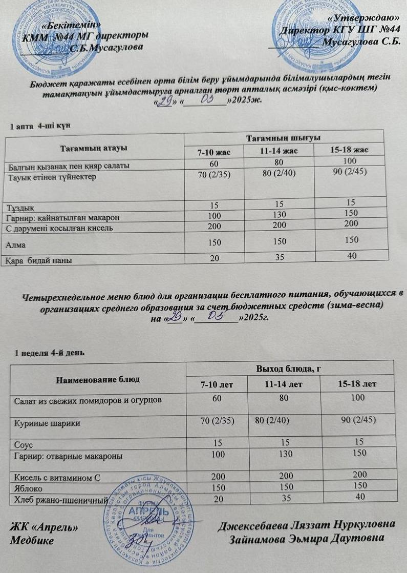 Меню бесплатного горячего питания пришкольного лагеря 2024-2025 учебный год