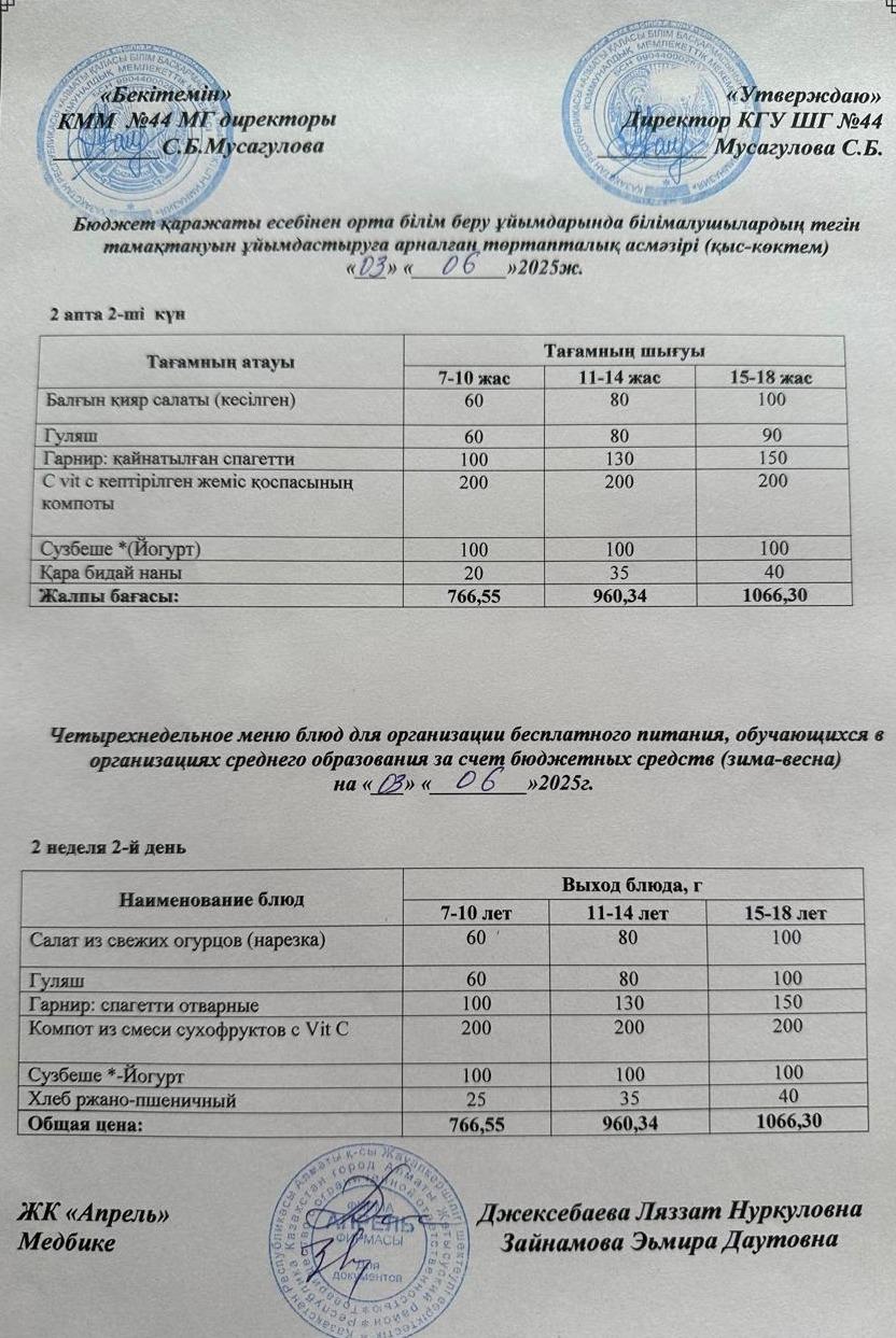 Меню бесплатного горячего питания пришкольного лагеря 2024-2025 учебный год