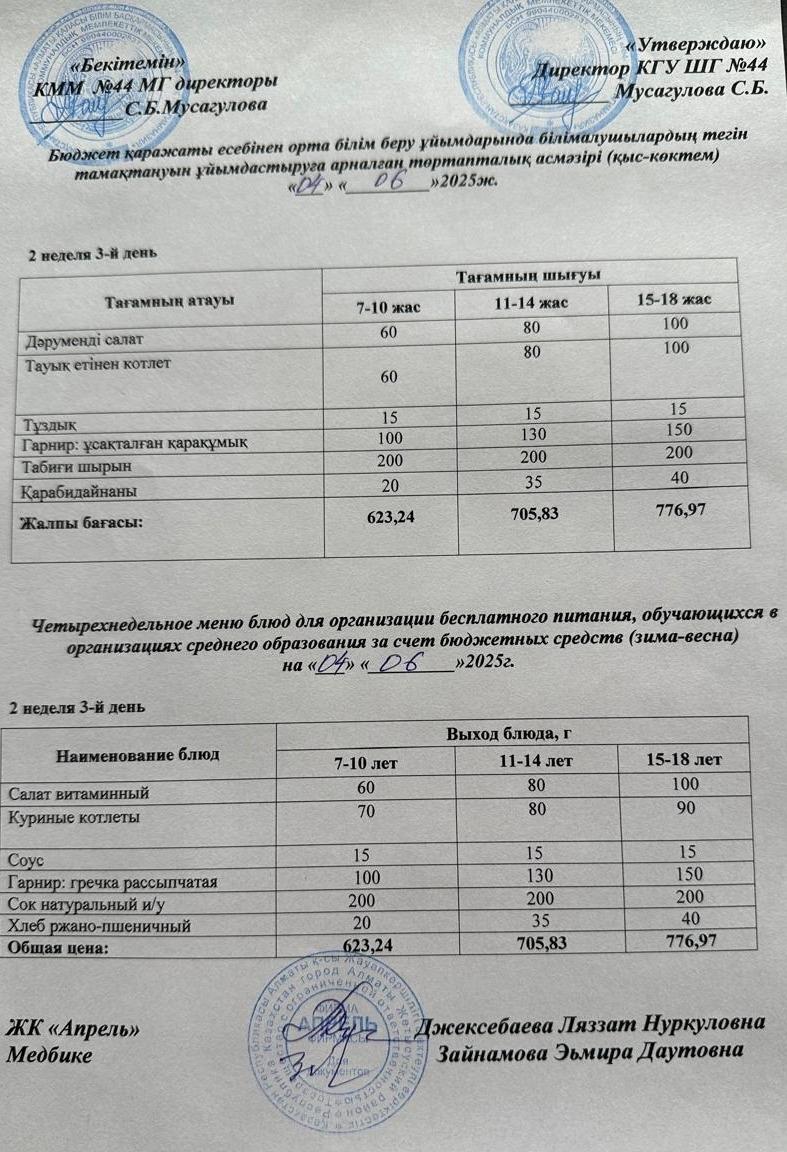 Меню бесплатного горячего питания пришкольного лагеря 2024-2025 учебный год