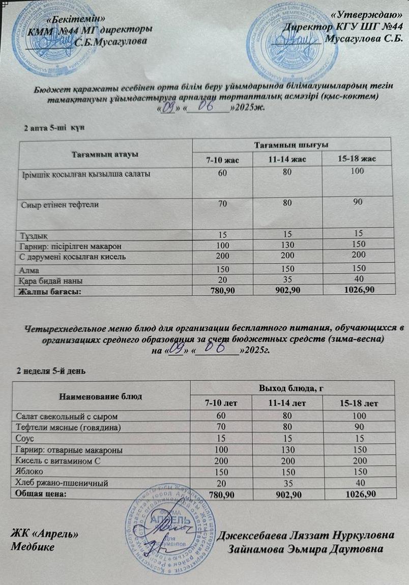 Меню бесплатного горячего питания пришкольного лагеря 2024-2025 учебный год