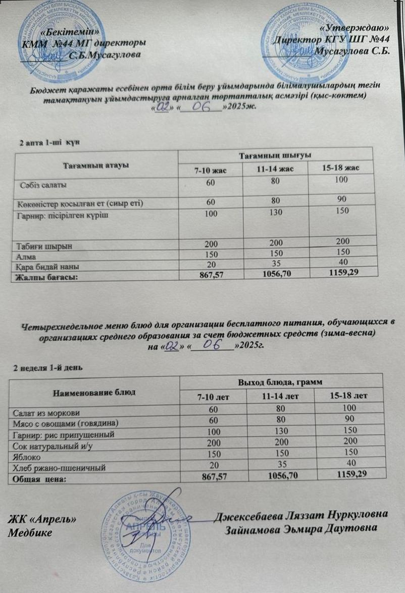 Меню бесплатного горячего питания пришкольного лагеря 2024-2025 учебный год