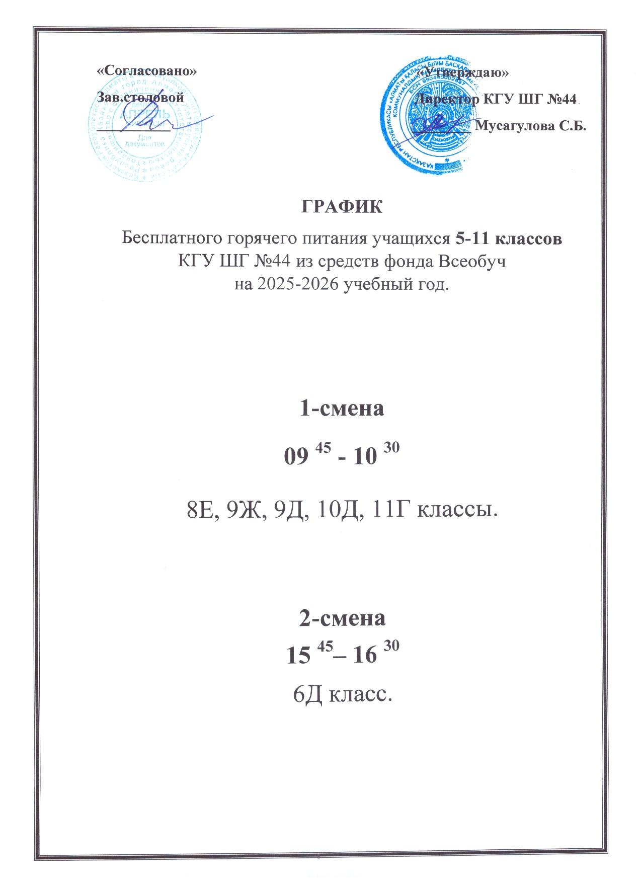 График бесплатного гоячего питания учащихся 5-11 классов