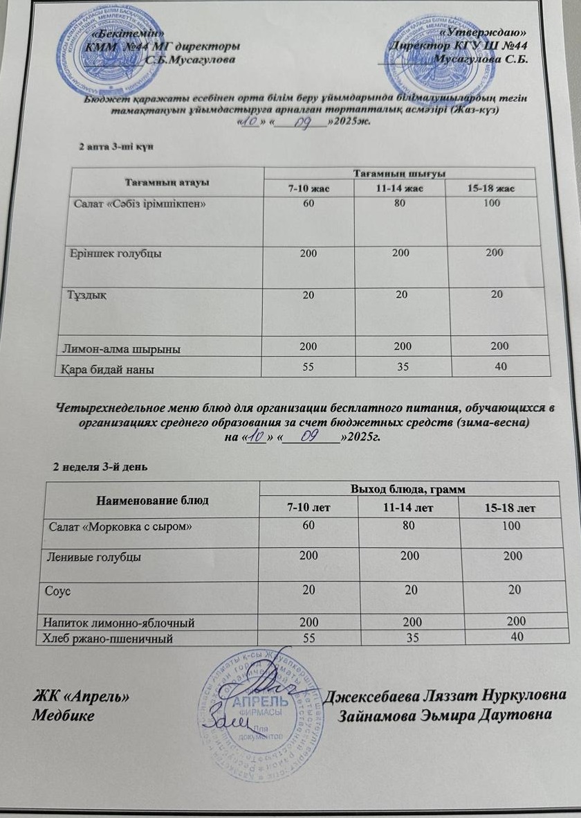Четырехнедельное меню блюд для организации бесплатного питания обучающихся в организациях среднего образования за счет бюджетных средств лето-осень 2025г