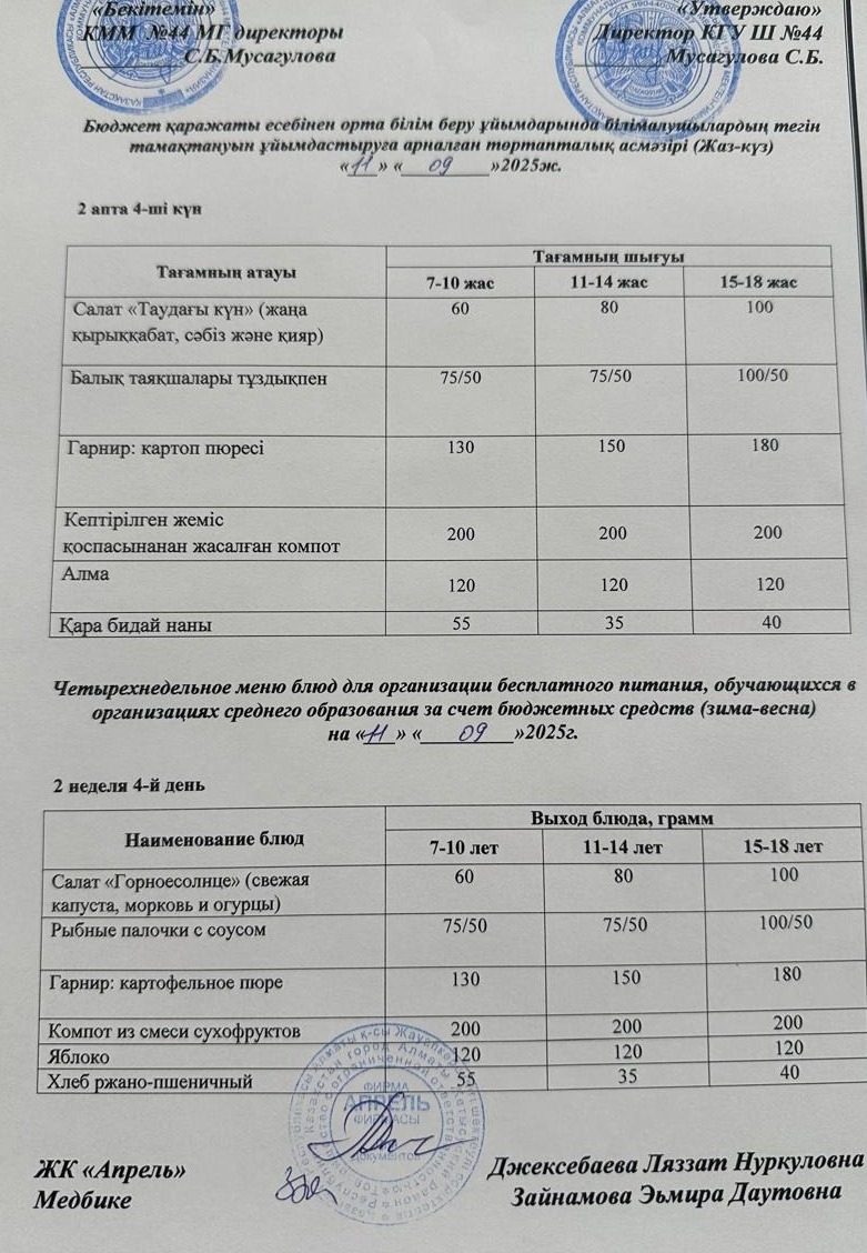Четырехнедельное меню блюд для организации бесплатного питания обучающихся в организациях среднего образования за счет бюджетных средств ЛЕТО-ОСЕНЬ 2025г