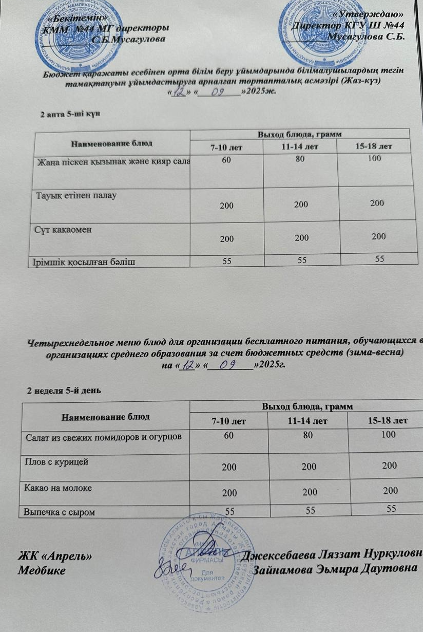 Четырехнедельное меню блюд для организации бесплатного питания обучающихся в организациях среднего образования за счет бюджетных средств лето-осень 2025г
