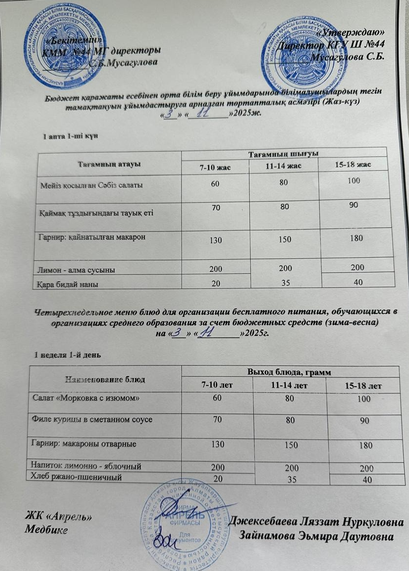 Четырехнедельное меню блюд для организации бесплатного питания обучающихся в организациях среднего образования за счет бюджетных средств лето-осень 2025г