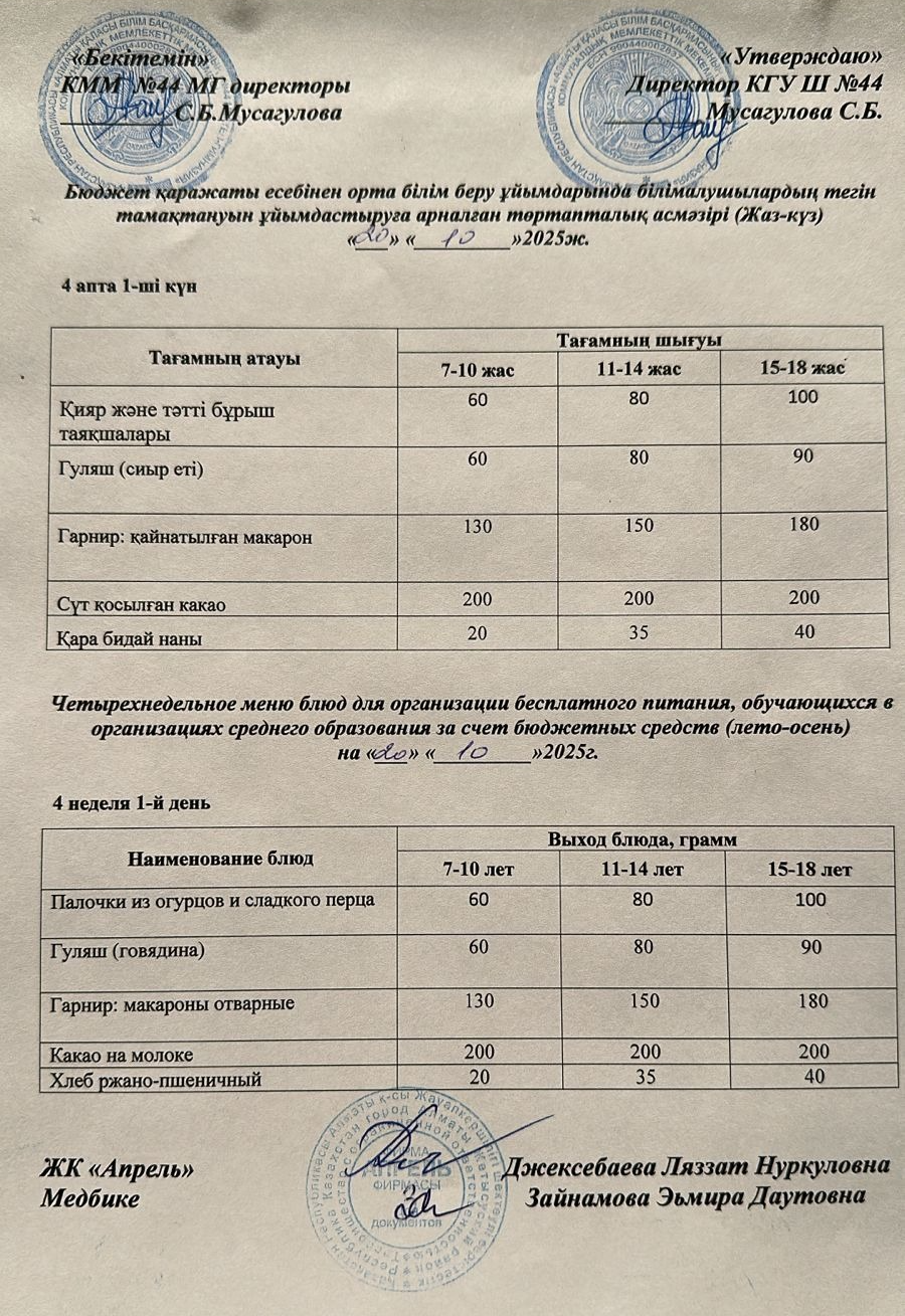 Четырехнедельное меню блюд для организации бесплатного питания обучающихся в организациях среднего образования за счет бюджетных средств лето-осень 2025г