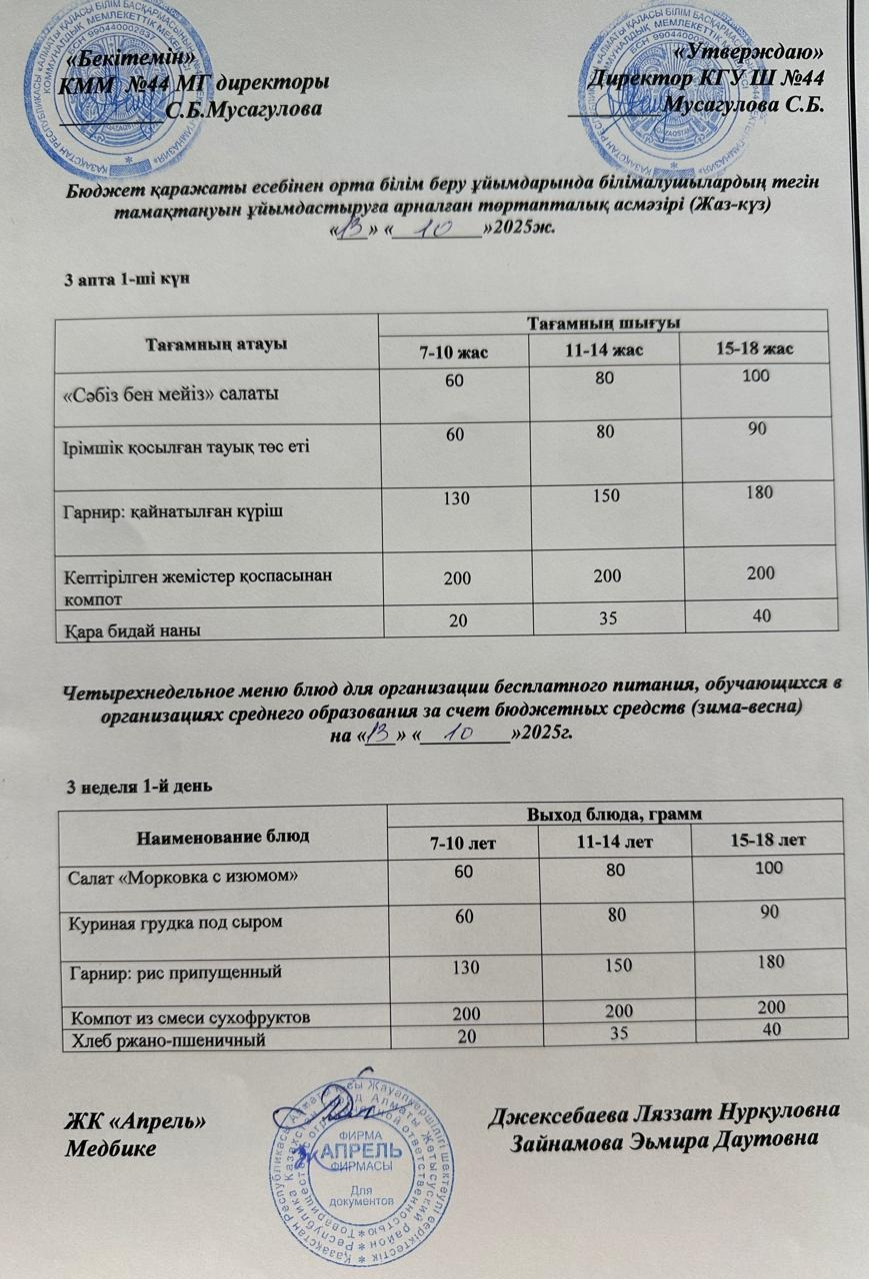 Четырехнедельное меню блюд для организации бесплатного питания обучающихся в организациях среднего образования за счет бюджетных средств лето-осень 2025г