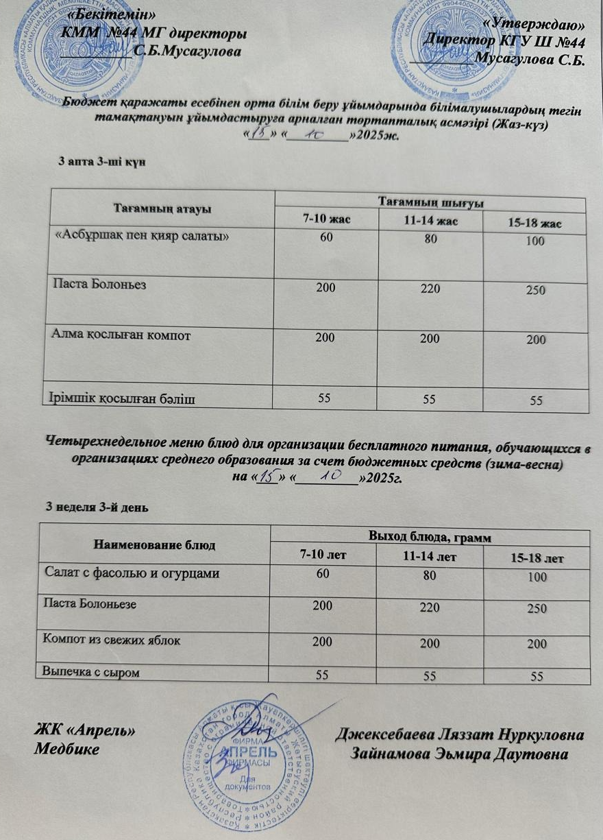 Четырехнедельное меню блюд для организации бесплатного питания обучающихся в организациях среднего образования за счет бюджетных средств лето-осень 2025г