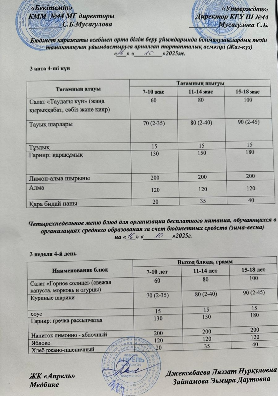 Четырехнедельное меню блюд для организации бесплатного питания обучающихся в организациях среднего образования за счет бюджетных средств лето-осень  2025г