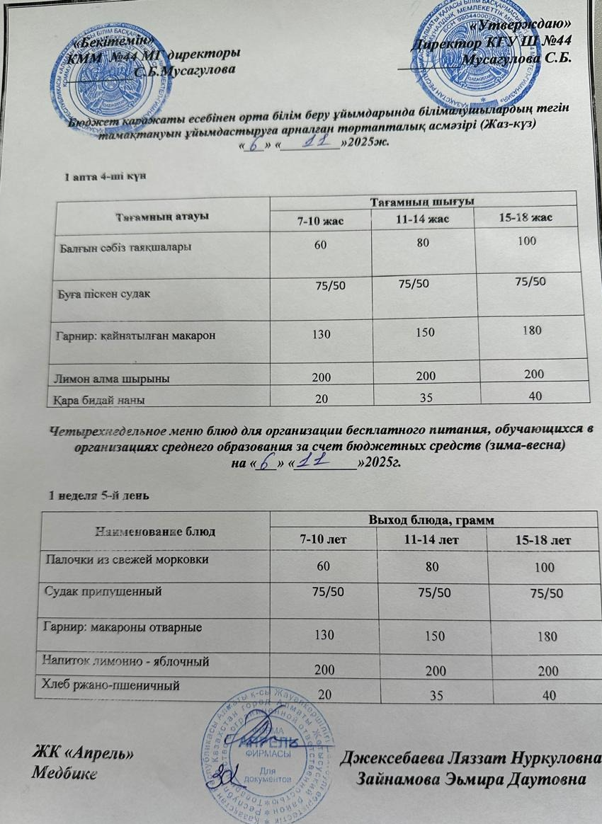 Четырехнедельное меню блюд для организации бесплатного питания обучающихся в организациях среднего образования за счет бюджетных средств лето-осень 2025г