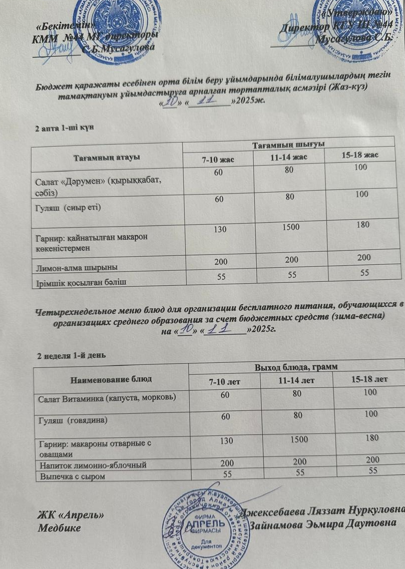 Четырехнедельное меню блюд для организации бесплатного питания обучающихся в организациях среднего образования за счет бюджетных средств лето-осень 2025г