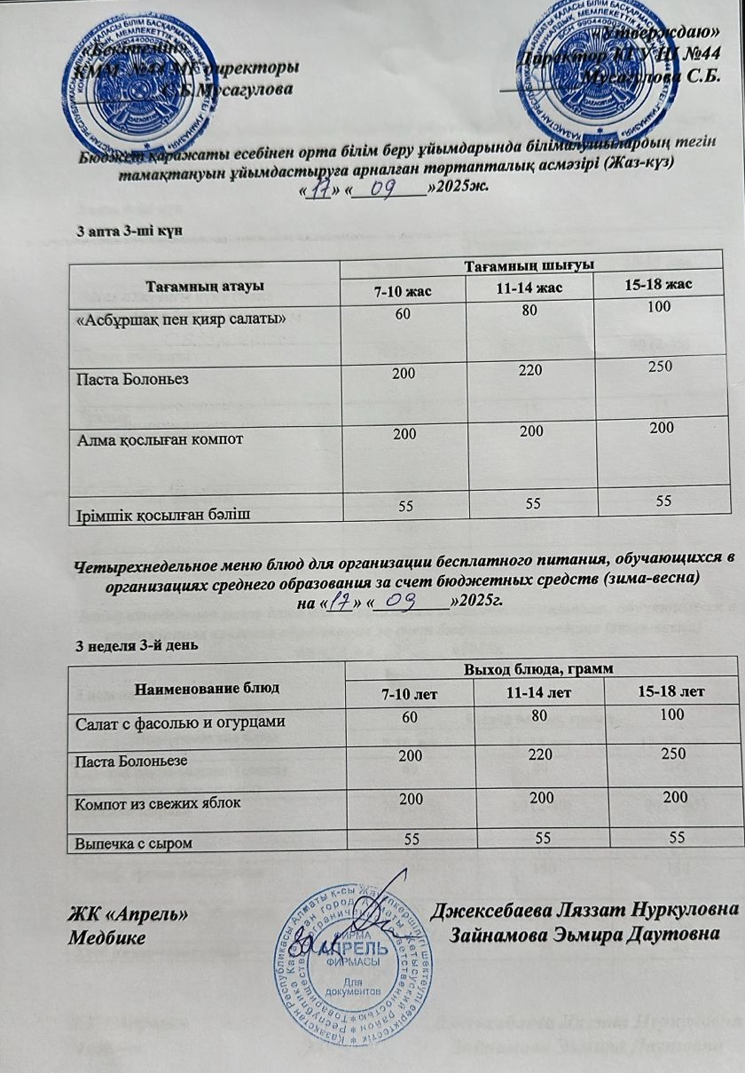 Четырехнедельное меню блюд для организации бесплатного питания обучающихся в организациях среднего образования за счет бюджетных средств лето-осень 2025г