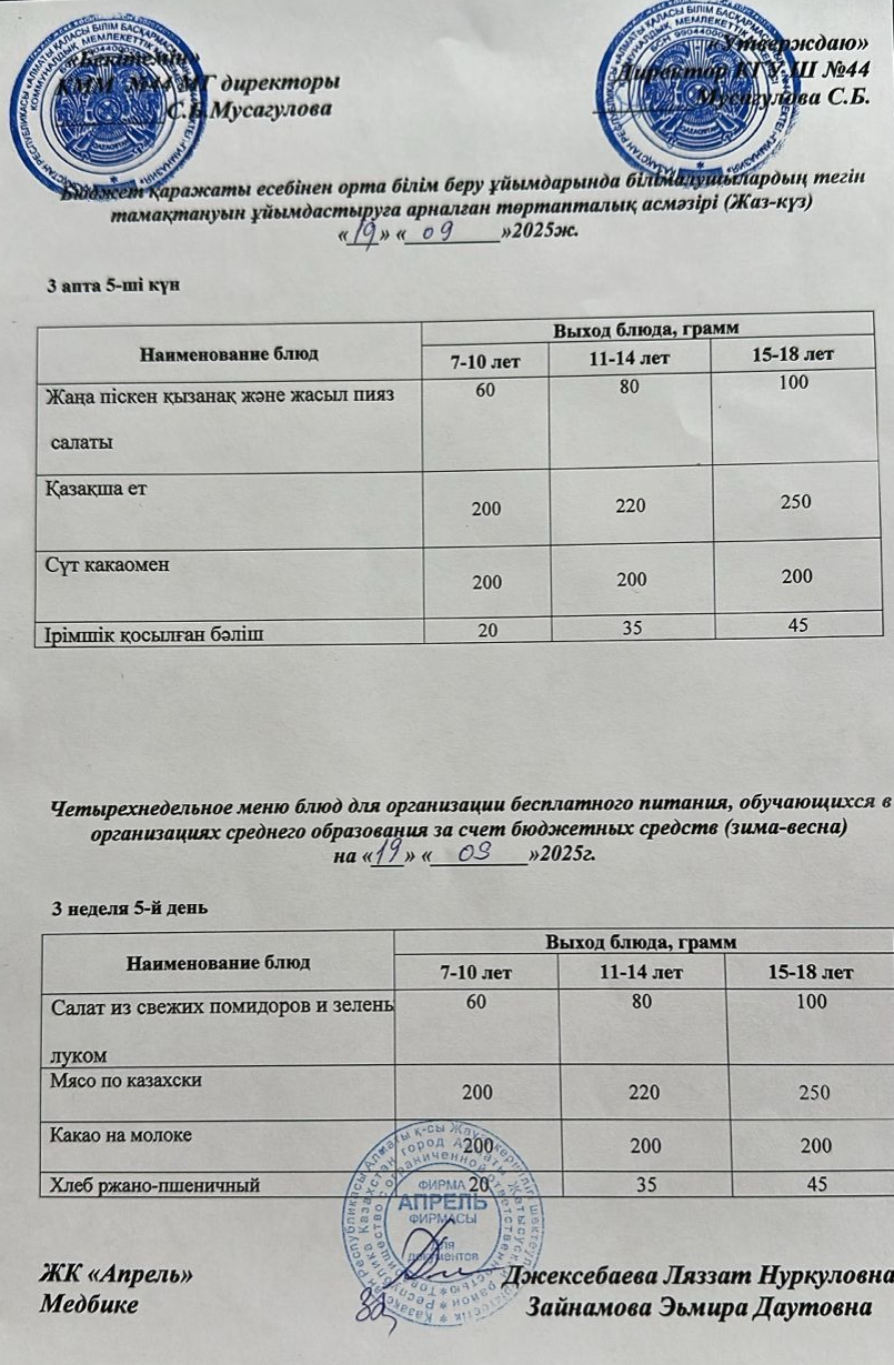 Четырехнедельное меню блюд для организации бесплатного питания обучающихся в организациях среднего образования за счет бюджетных средств лето-осень 2025г