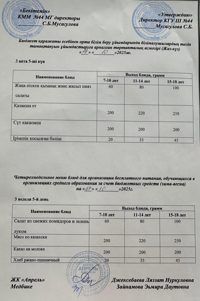 Четырехнедельное меню блюд для организации бесплатного питания обучающихся в организациях среднего образования за счет бюджетных средств лето-осень 2025г