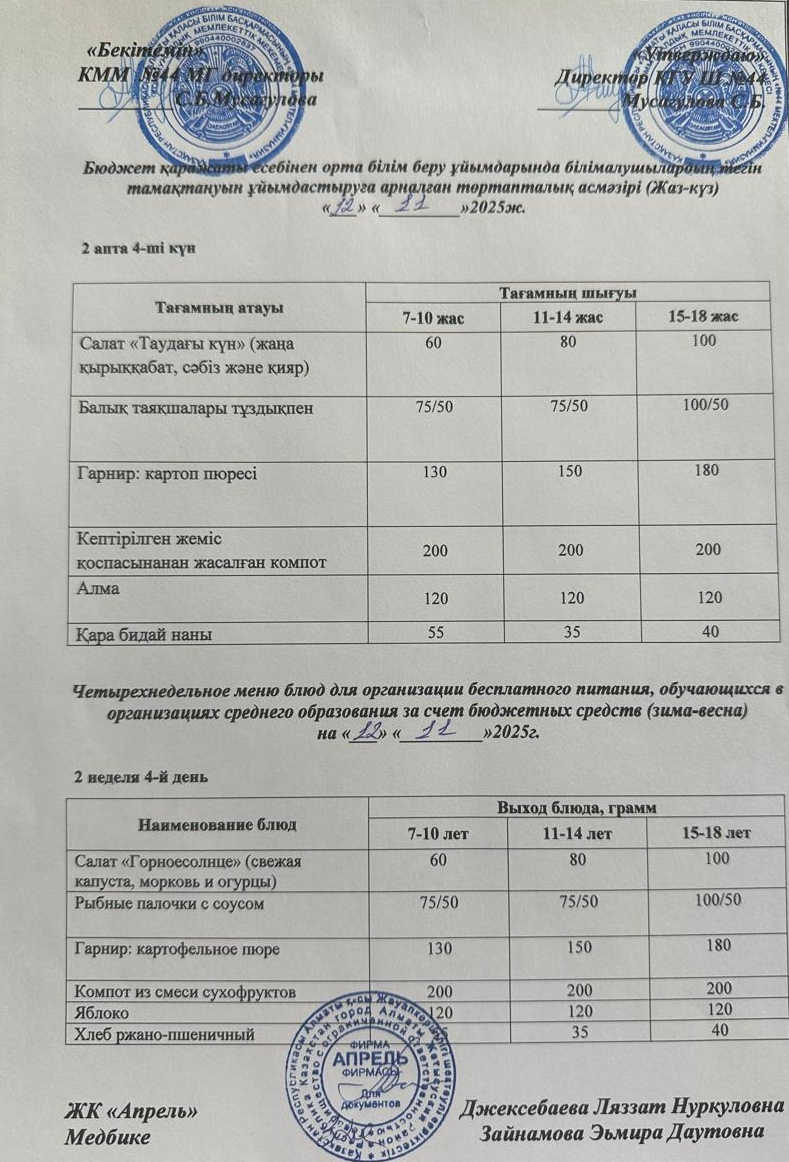 Четырехнедельное меню блюд для организации бесплатного питания обучающихся в организациях среднего образования за счет бюджетных средств лето-осень 2025г