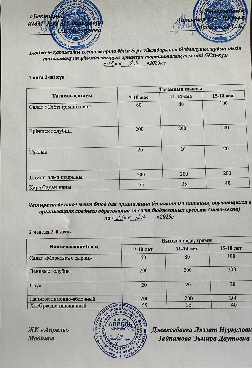 Четырехнедельное меню блюд для организации бесплатного питания обучающихся в организациях среднего образования за счет бюджетных средств лето-осень 2025г