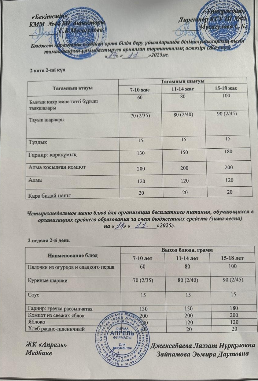 Четырехнедельное меню блюд для организации бесплатного питания обучающихся в организациях среднего образования за счет бюджетных средств лето-осень 2025г