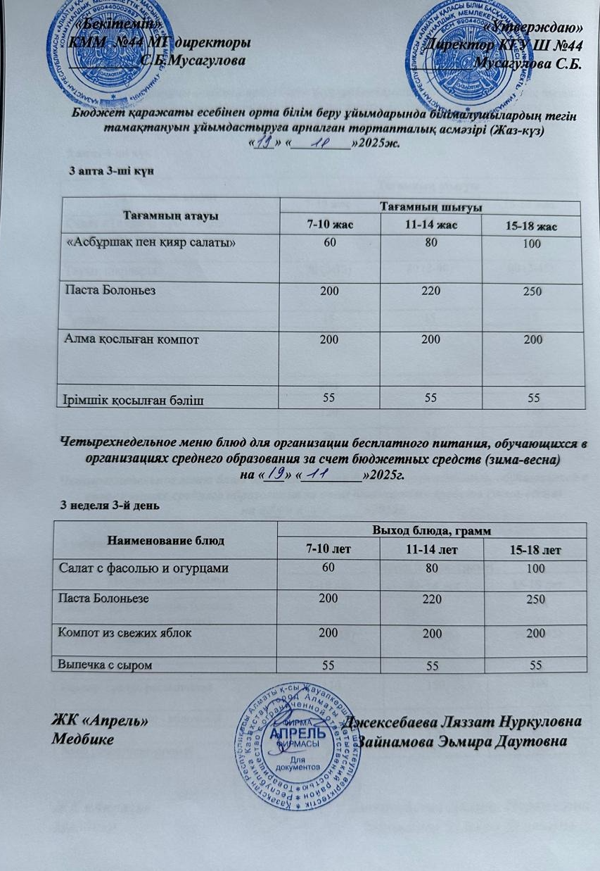 Четырехнедельное меню блюд для организации бесплатного питания обучающихся в организациях среднего образования за счет бюджетных средств лето-осень 2025г