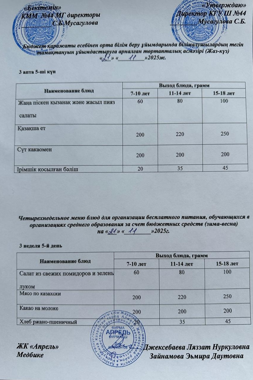Четырехнедельное меню блюд для организации бесплатного питания обучающихся в организациях среднего образования за счет бюджетных средств лето-осень2025г