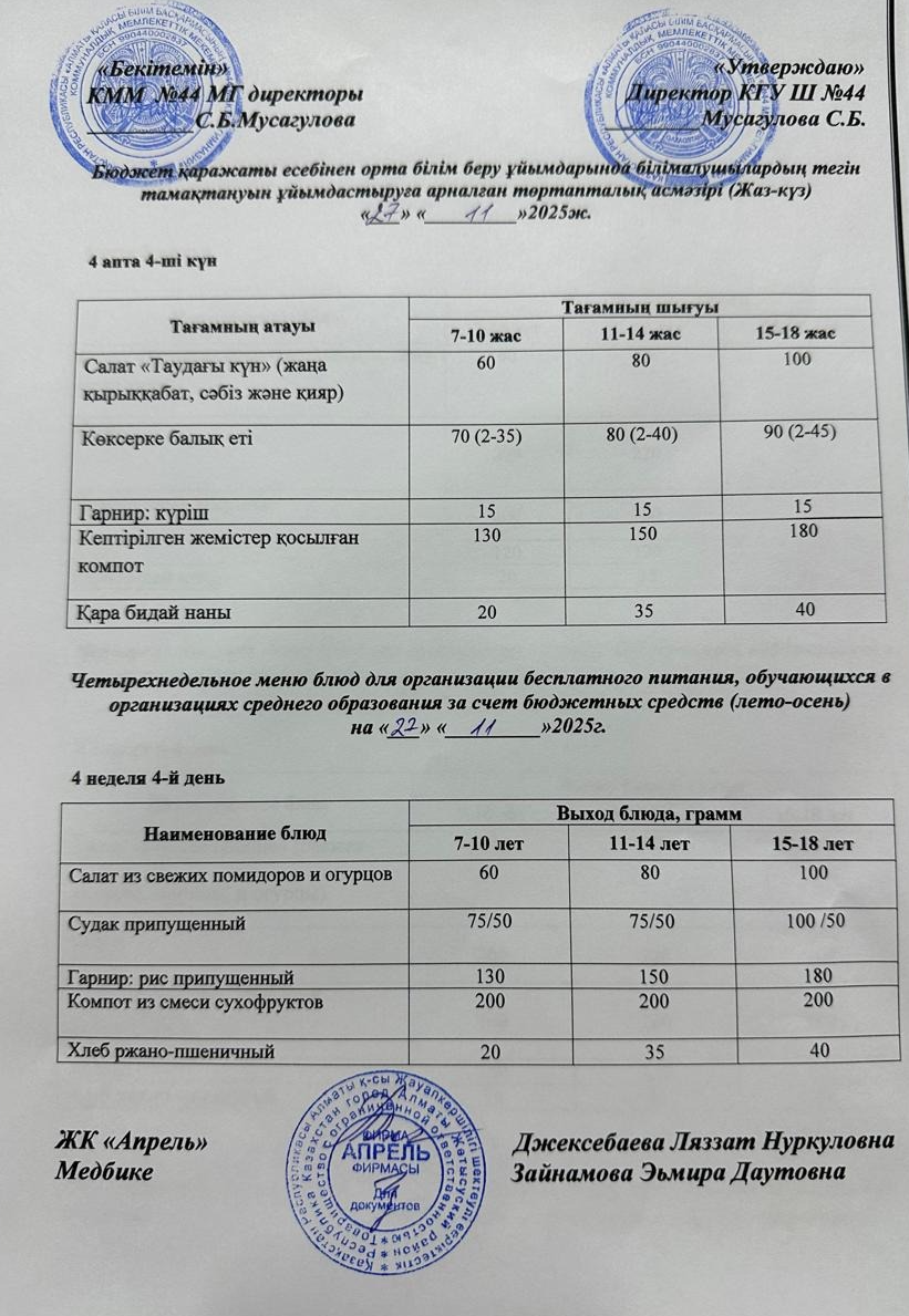 Четырехнедельное меню блюд для организации бесплатного питания обучающихся в организациях среднего образования за счет бюджетных средств лето-осень2025г