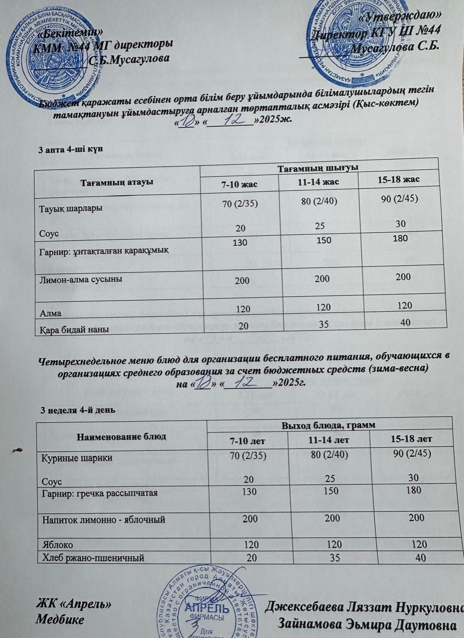 Четырехнедельное меню блюд для организации бесплатного питания обучающихся в организациях среднего образования за счет бюджетных средств зима-весна 2025г