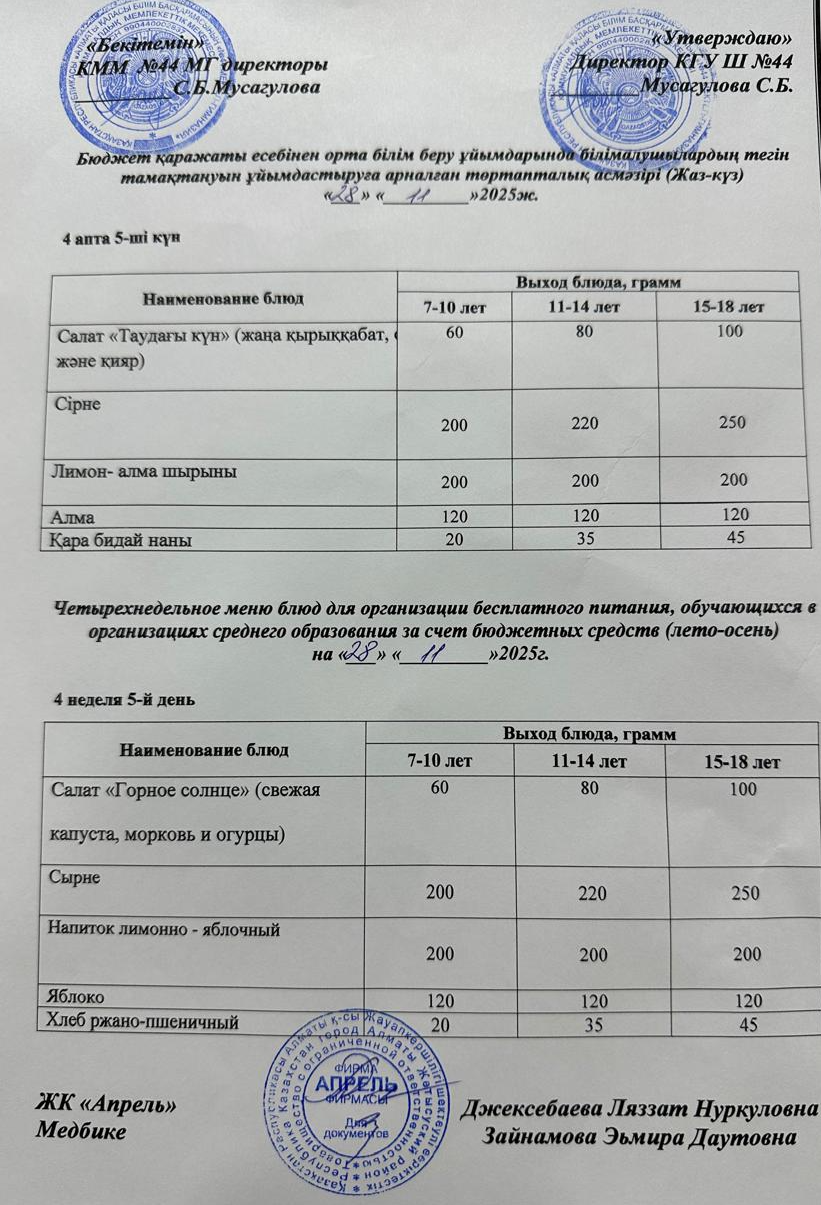 Четырехнедельное меню блюд для организации бесплатного питания обучающихся в организациях среднего образования за счет бюджетных средств лето-осень2025г