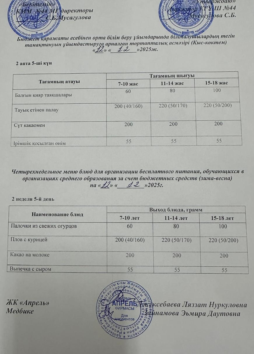 Четырехнедельное меню блюд для организации бесплатного питания обучающихся в организациях среднего образования за счет бюджетных средств зима-весна 2025г