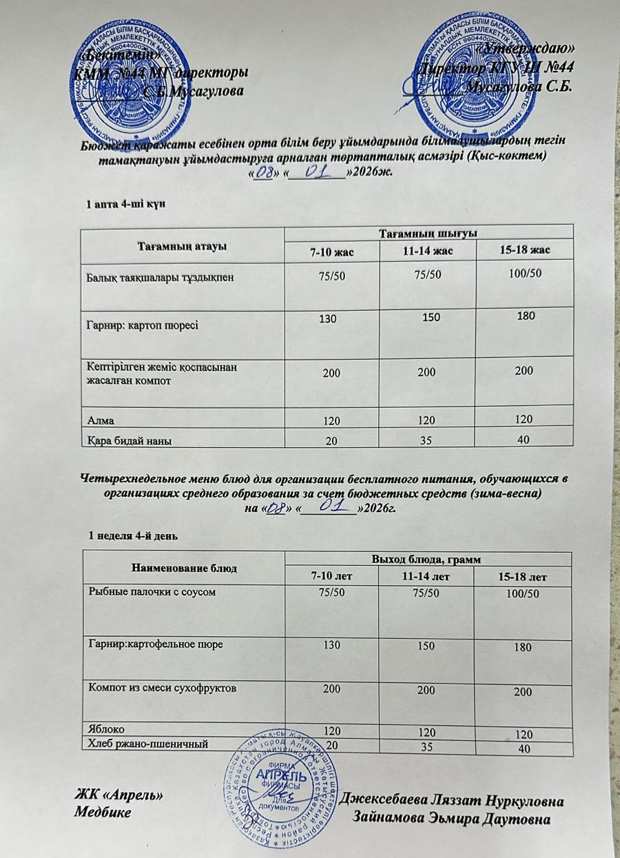 Четырехнедельное меню блюд для организации бесплатного питания обучающихся в организациях среднего образования за счет бюджетных средств зима-весна 2026г