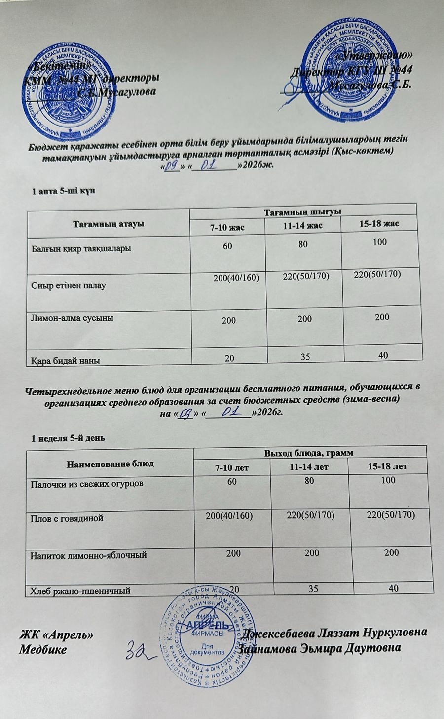 Четырехнедельное меню блюд для организации бесплатного питания обучающихся в организациях среднего образования за счет бюджетных средств зима-весна 2026 г