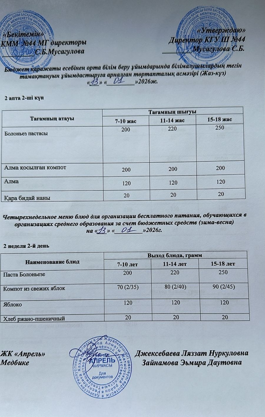 Четырехнедельное меню блюд для организации бесплатного питания обучающихся в организациях среднего образования за счет бюджетных средств зима-весна 2026г