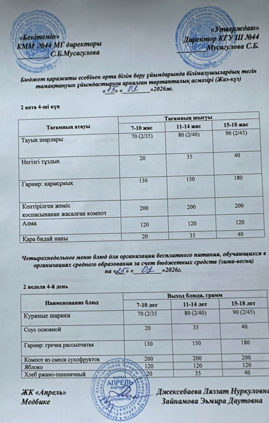 Четырехнедельное меню блюд для организации бесплатного питания обучающихся в организациях среднего образования за счет бюджетных средств зима-весна 2026г