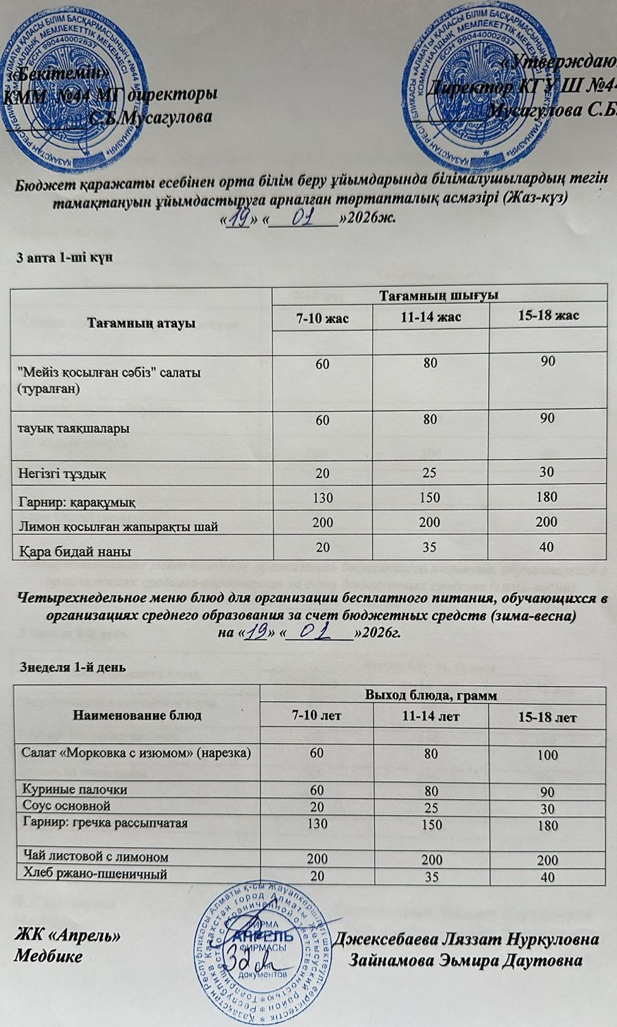 Четырехнедельное меню блюд для организации бесплатного питания обучающихся в организациях среднего образования за счет бюджетных средств зима-весна 2026г