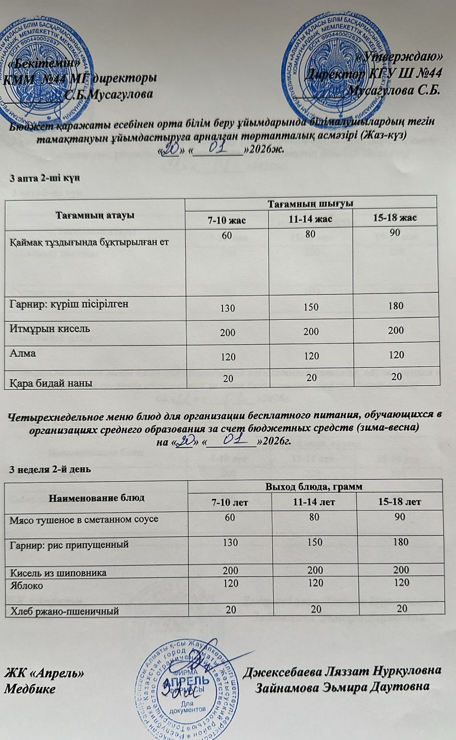 Четырехнедельное меню блюд для организации бесплатного питания обучающихся в организациях среднего образования за счет бюджетных средств зима-весна 2026г