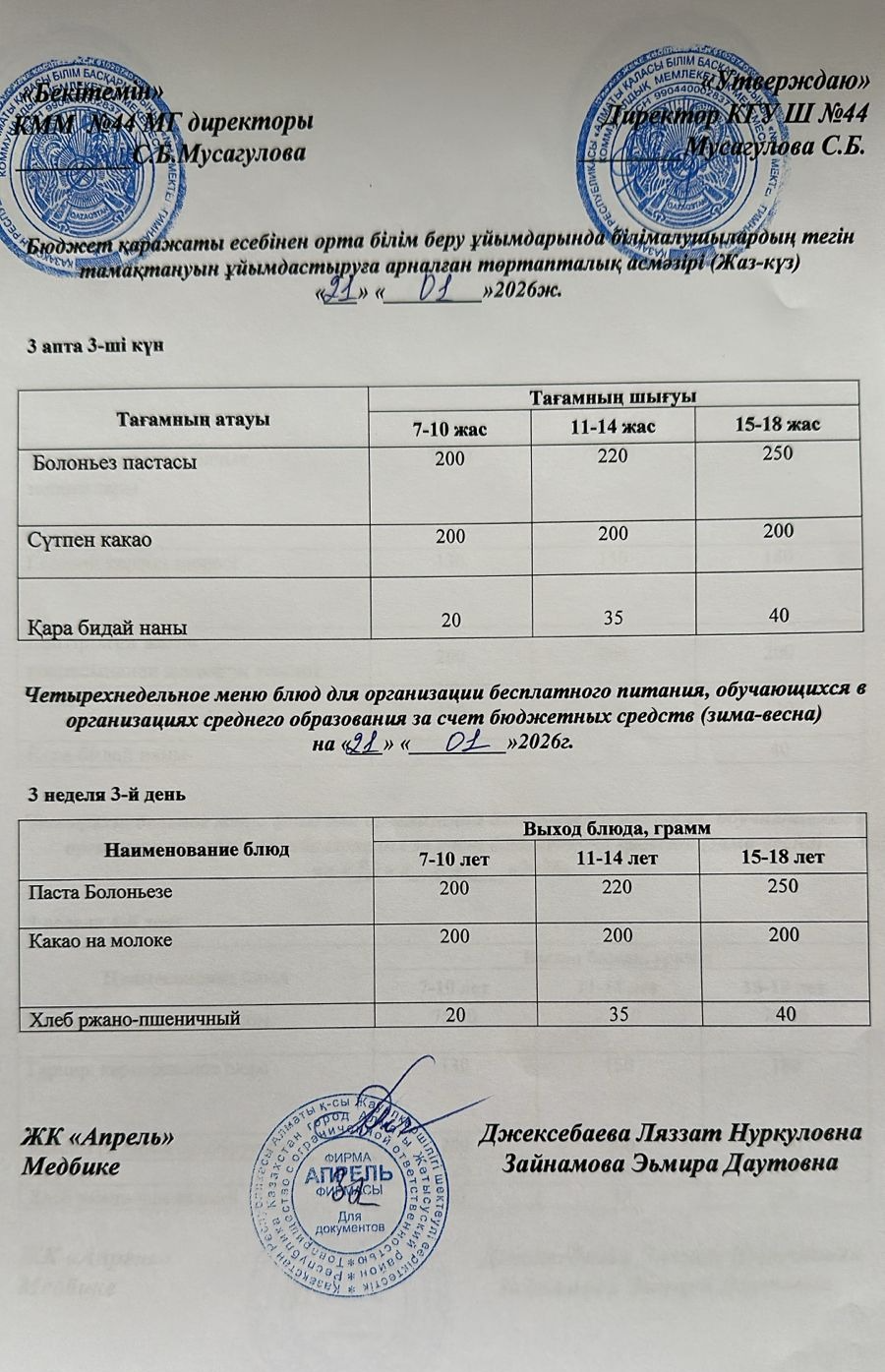 Четырехнедельное меню блюд для организации бесплатного питания обучающихся в организациях среднего образования за счет бюджетных средств зима-весна 2026г