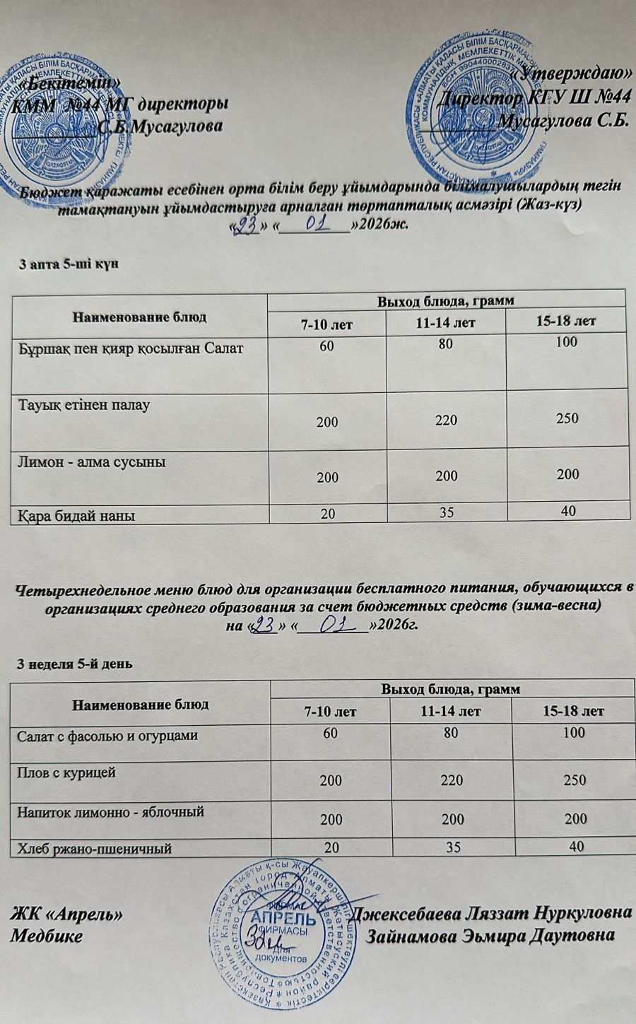 Четырехнедельное меню блюд для организации бесплатного питания обучающихся в организациях среднего образования за счет бюджетных средств зима-весна 2026г