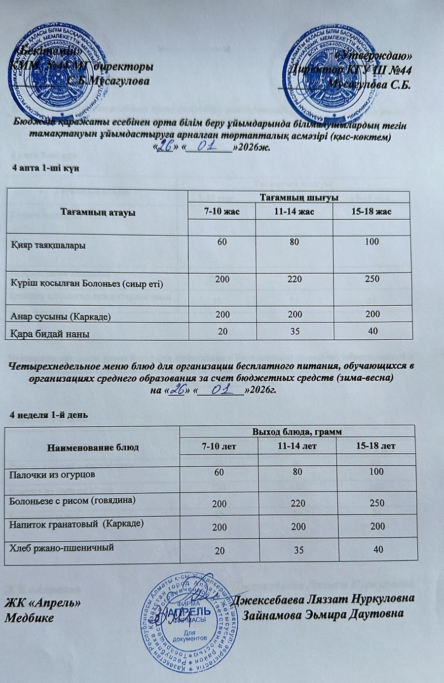 Четырехнедельное меню блюд для организации бесплатного питания обучающихся в организациях среднего образования за счет бюджетных средств зима-весна 2026г