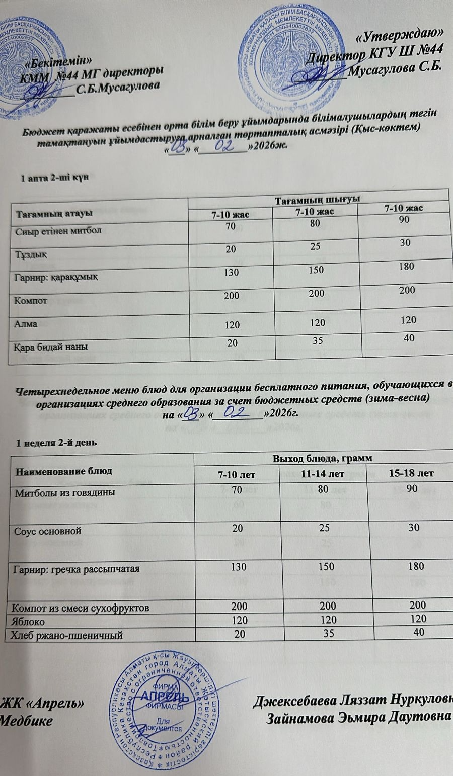 Четырехнедельное меню блюд для организации бесплатного питания обучающихся в организациях среднего образования за счет бюджетных средств зима-весна 2026г