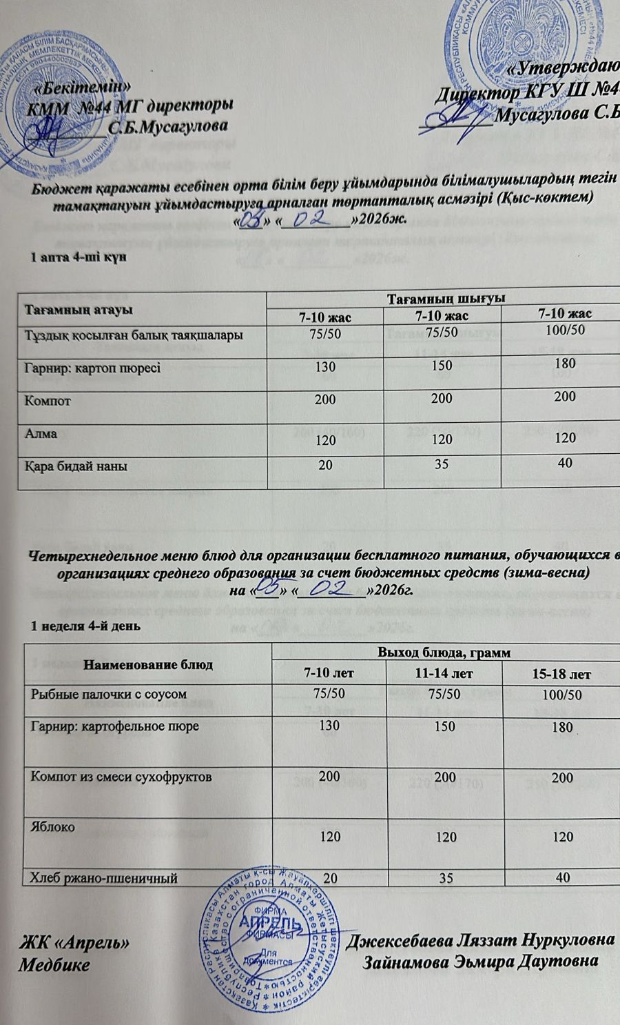 Четырехнедельное меню блюд для организации бесплатного питания обучающихся в организациях среднего образования за счет бюджетных средств зима-весна 2026г