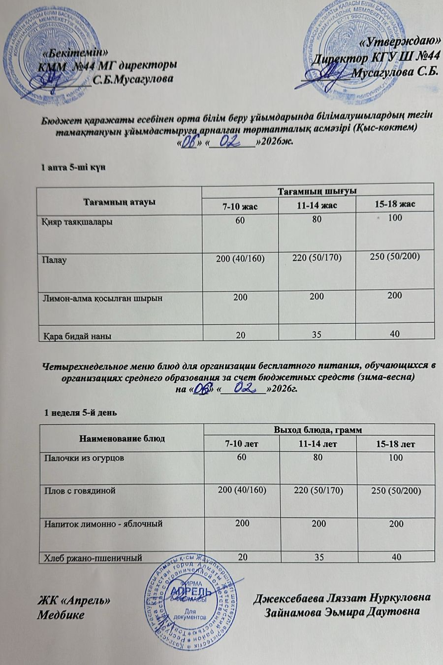 Четырехнедельное меню блюд для организации бесплатного питания обучающихся в организациях среднего образования за счет бюджетных средств зима-весна 2026г