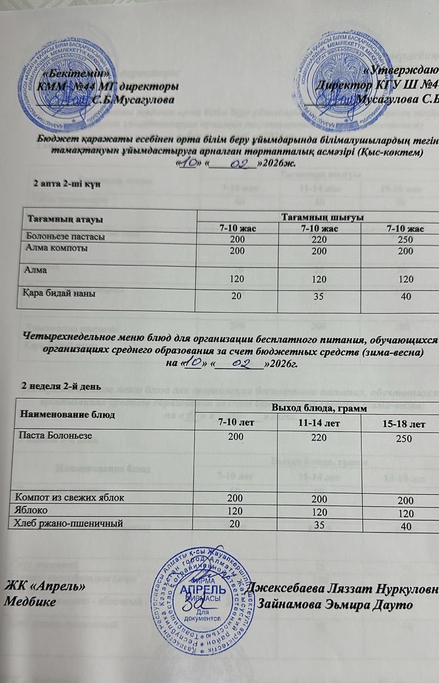 Четырехнедельное меню блюд для организации бесплатного питания обучающихся в организациях среднего образования за счет бюджетных средств зима-весна 2026г