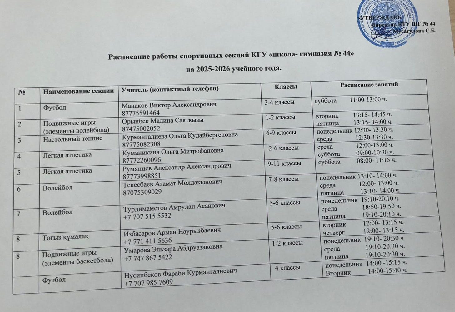 Расписание работы спортивных секций КГУ ШГ №44 на 2025-2026 учебного года
