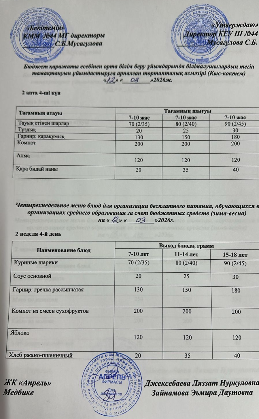 Четырехнедельное меню блюд для организации бесплатного питания обучающихся в организациях среднего образования за счет бюджетных средств зима-весна 2026г
