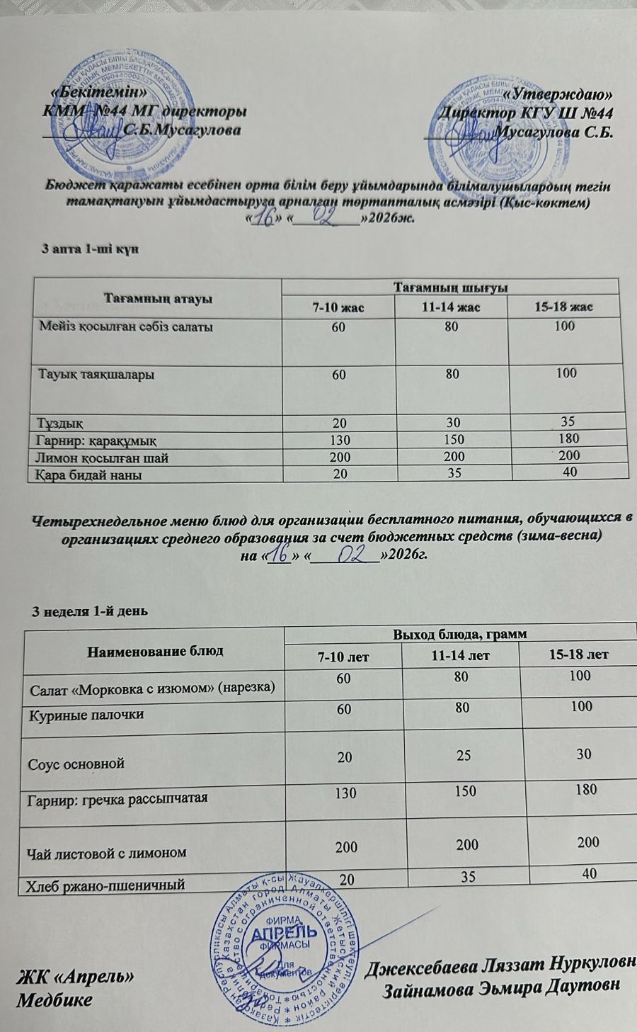 Четырехнедельное меню блюд для организации бесплатного питания обучающихся в организациях среднего образования за счет бюджетных средств зима-весна 2026г