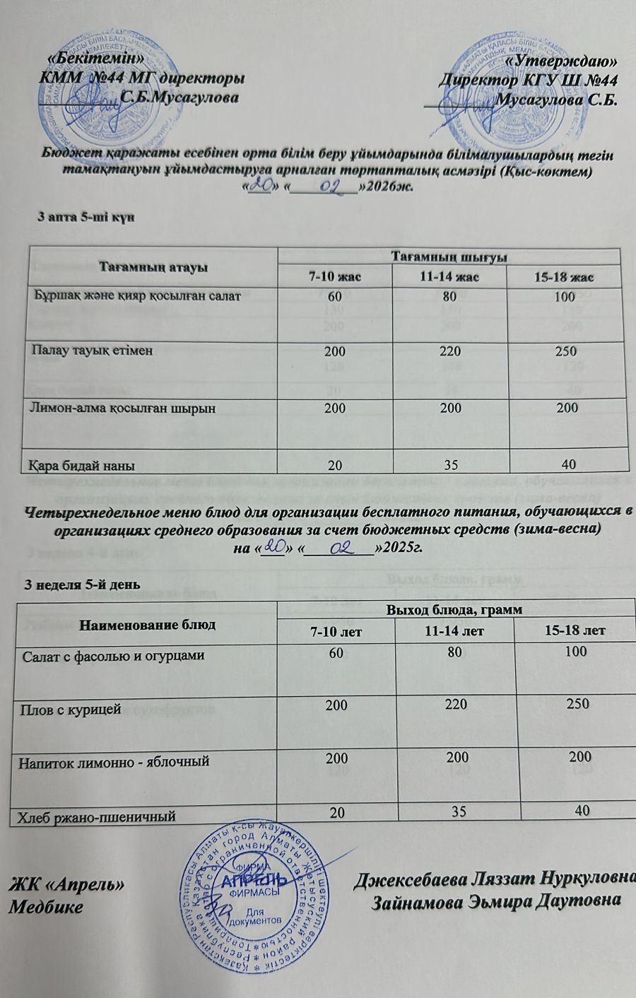Четырехнедельное меню блюд для организации бесплатного питания обучающихся в организациях среднего образования за счет бюджетных средств зима-весна 2026г