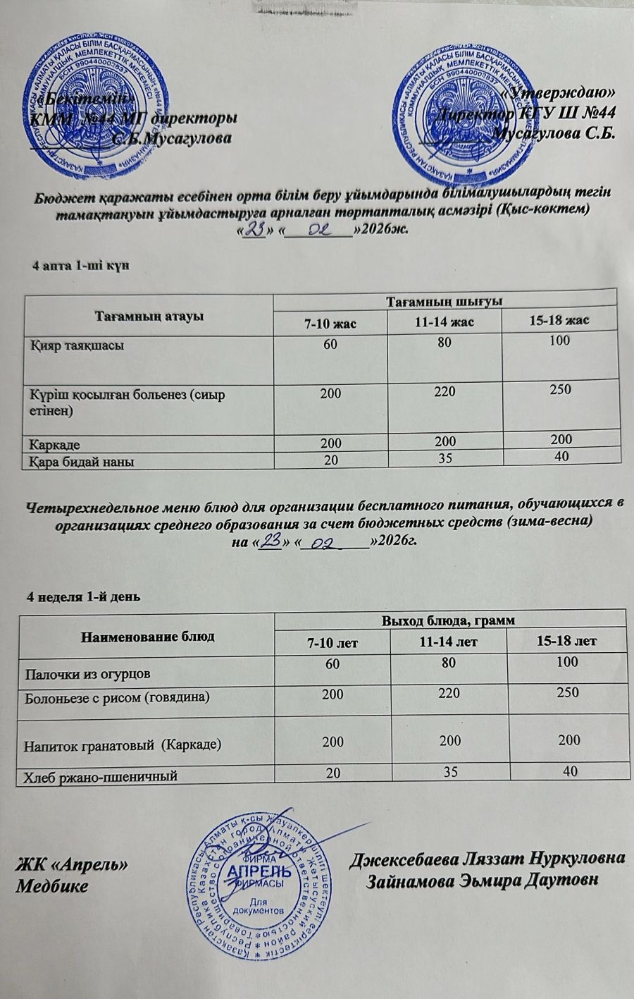 Четырехнедельное меню блюд для организации бесплатного питания обучающихся в организациях среднего образования за счет бюджетных средств зима-весна 2026г