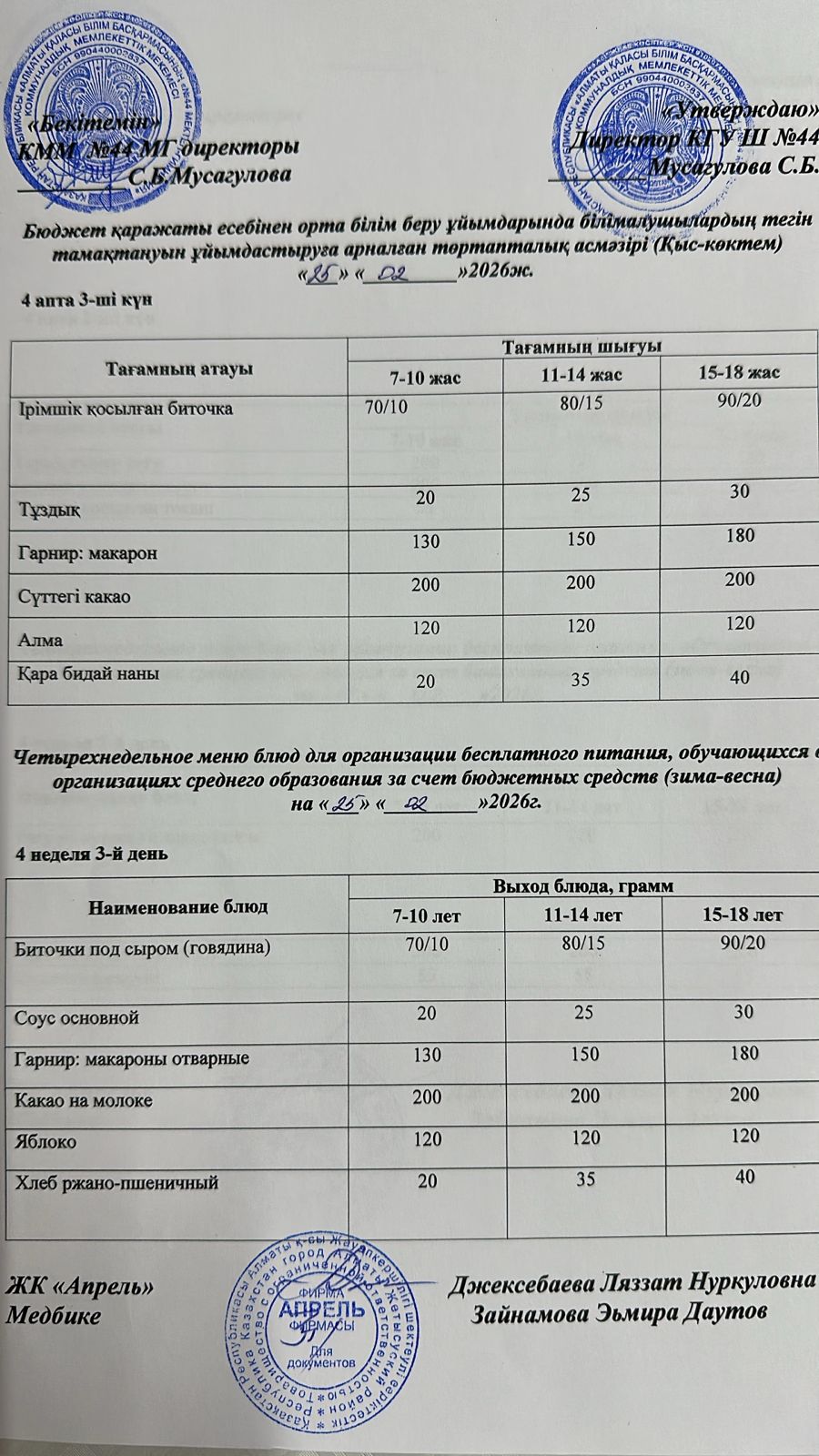 Четырехнедельное меню блюд для организации бесплатного питания обучающихся в организациях среднего образования за счет бюджетных средств зима-весна 2026г