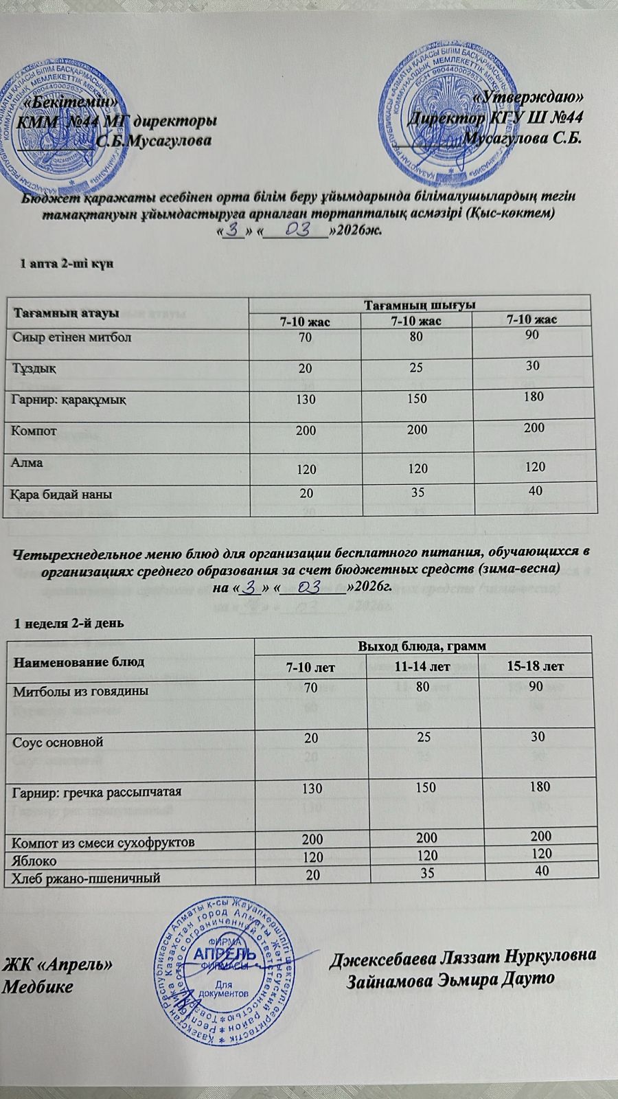 Четырехнедельное меню блюд для организации бесплатного питания обучающихся в организациях среднего образования за счет бюджетных средств зима-весна 2026г