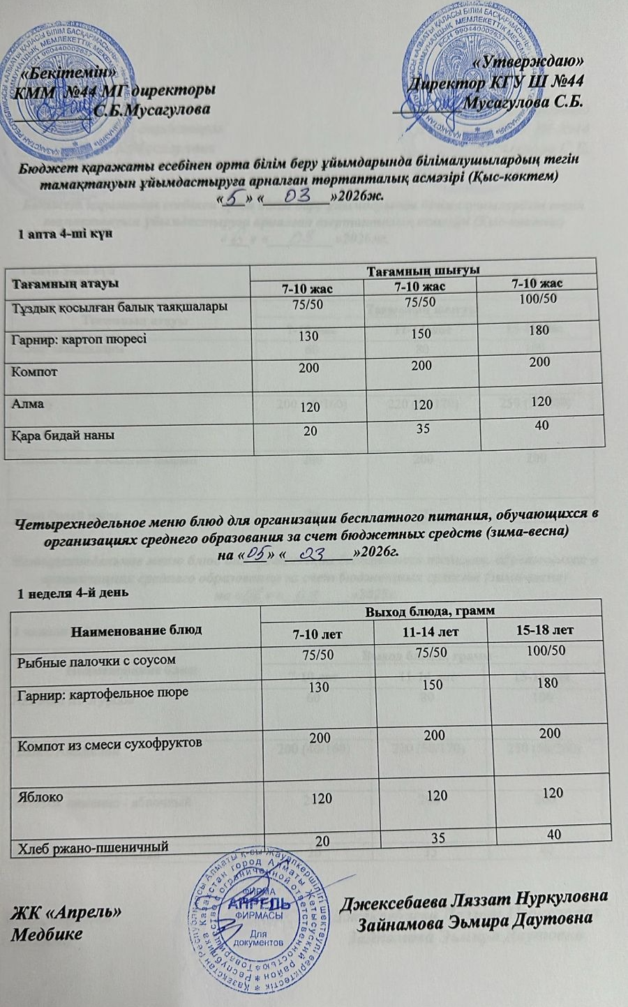 Четырехнедельное меню блюд для организации бесплатного питания обучающихся в организациях среднего образования за счет бюджетных средств зима-весна 2026г